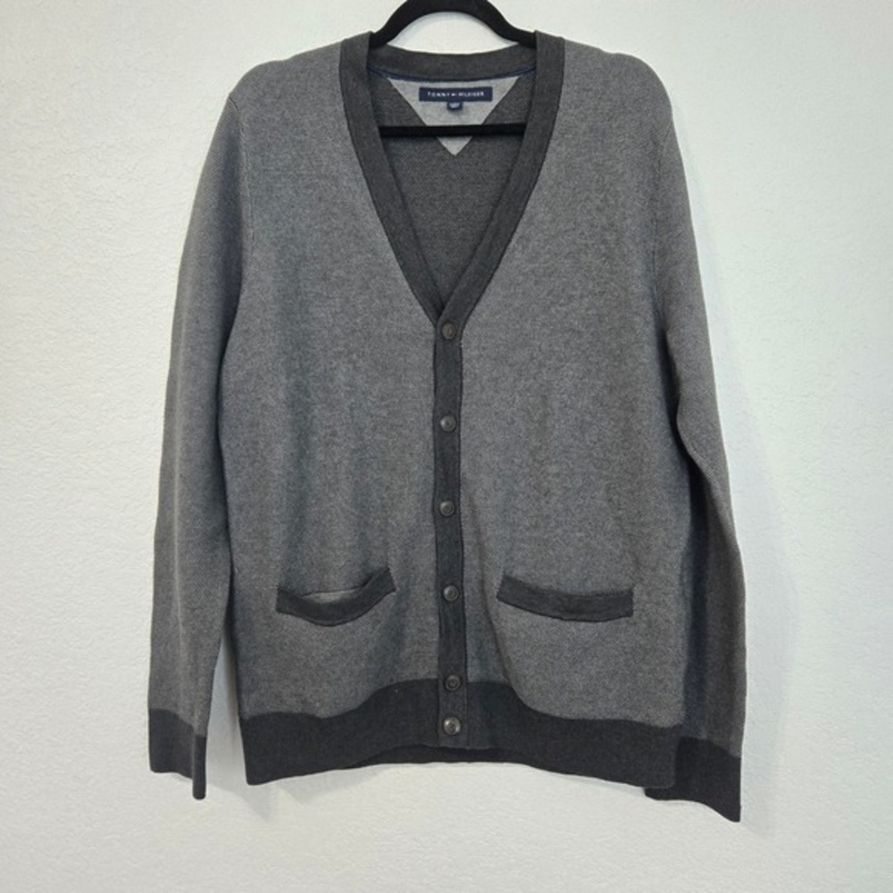 Tommy Hilfiger Mens Grey Textured V-Neck Button Front Cardigan Sweater XLarge